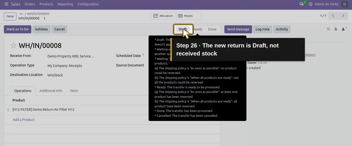 Action 26: The new return is Draft, not received stock. The actual target is highlighted in gold.