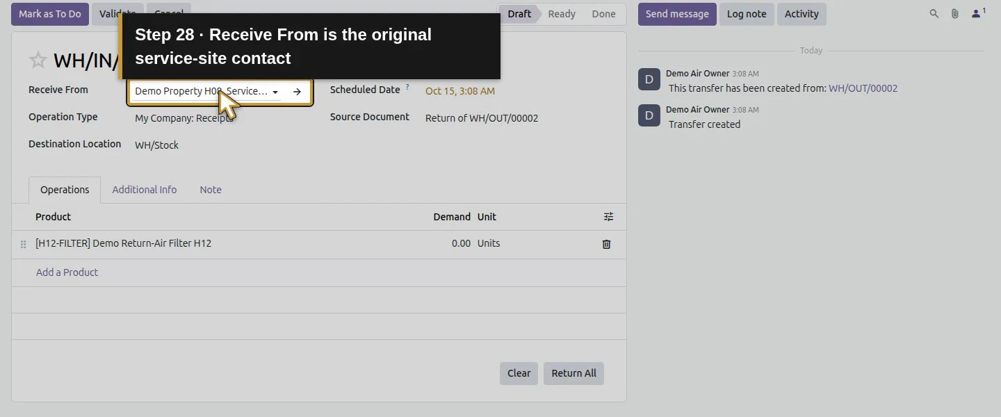 Action 28: Receive From is the original service-site contact. The actual target is highlighted in gold.