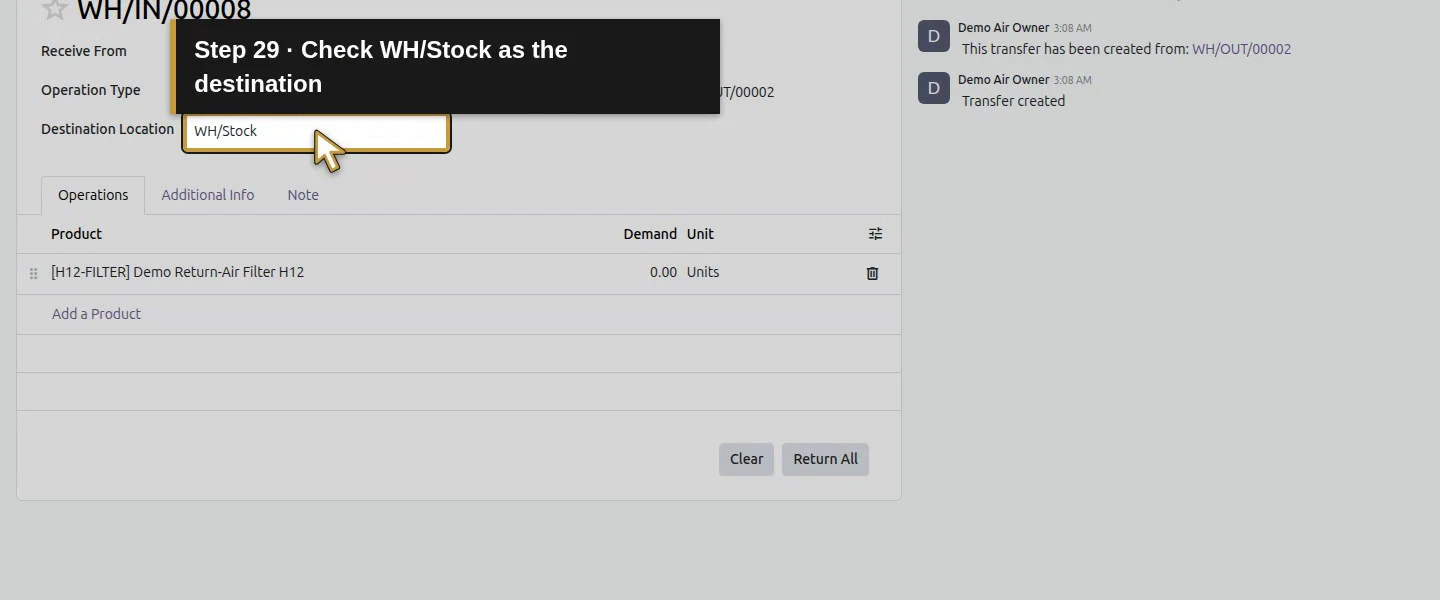 Action 29: Check WH/Stock as the destination. The actual target is highlighted in gold.