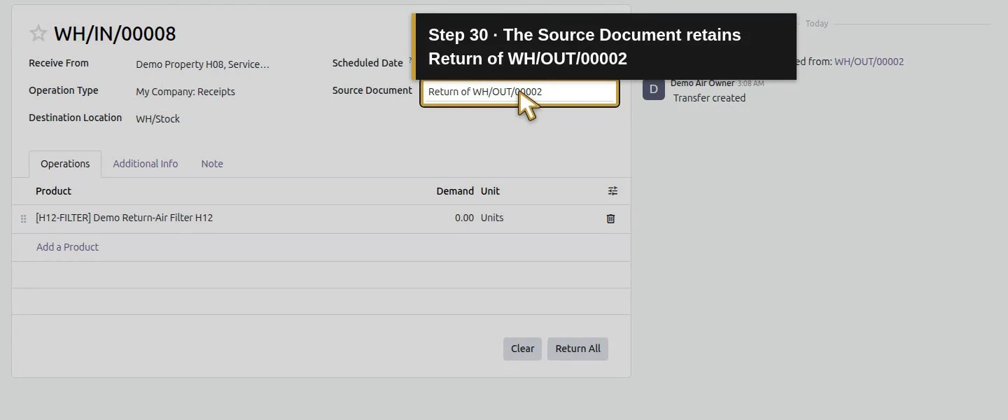 Action 30: The Source Document retains Return of WH/OUT/00002. The actual target is highlighted in gold.