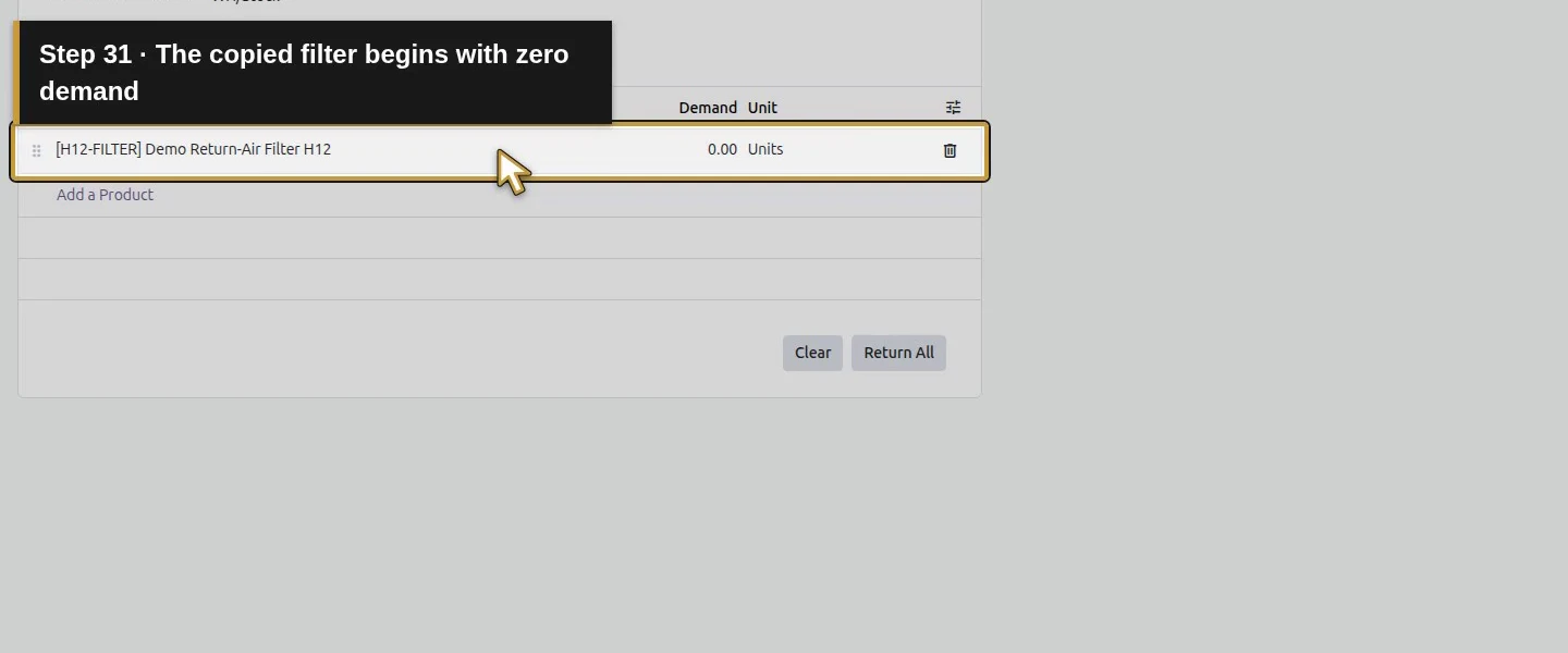 Action 31: The copied filter begins with zero demand. The actual target is highlighted in gold.