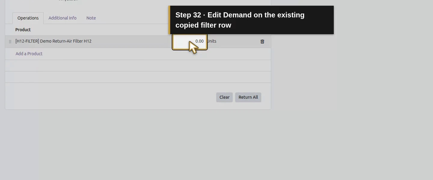 Action 32: Edit Demand on the existing copied filter row. The actual target is highlighted in gold.