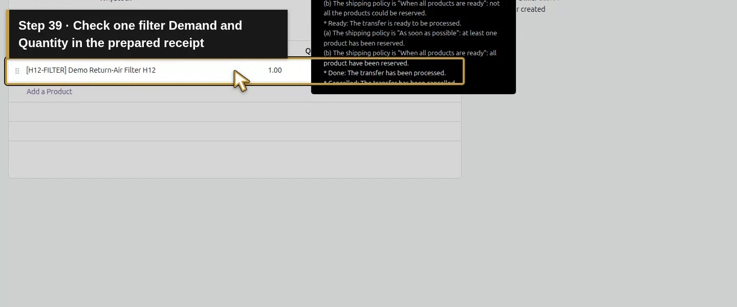 Action 39: Check one filter Demand and Quantity in the prepared receipt. The actual target is highlighted in gold.