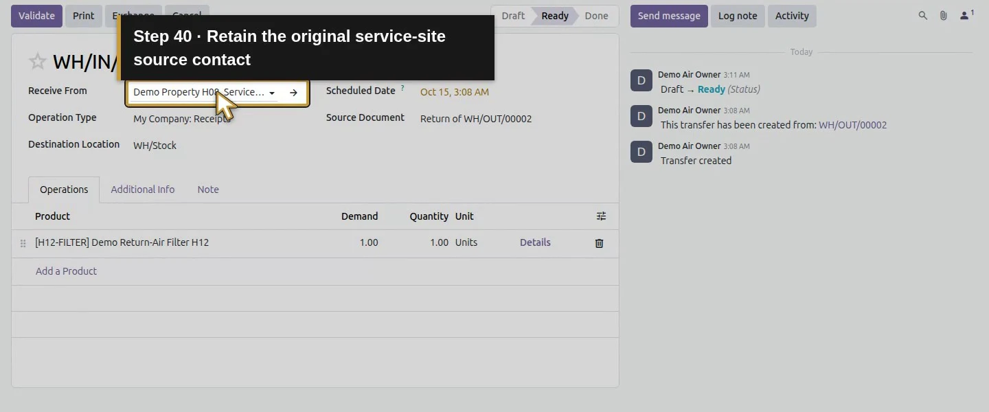 Action 40: Retain the original service-site source contact. The actual target is highlighted in gold.