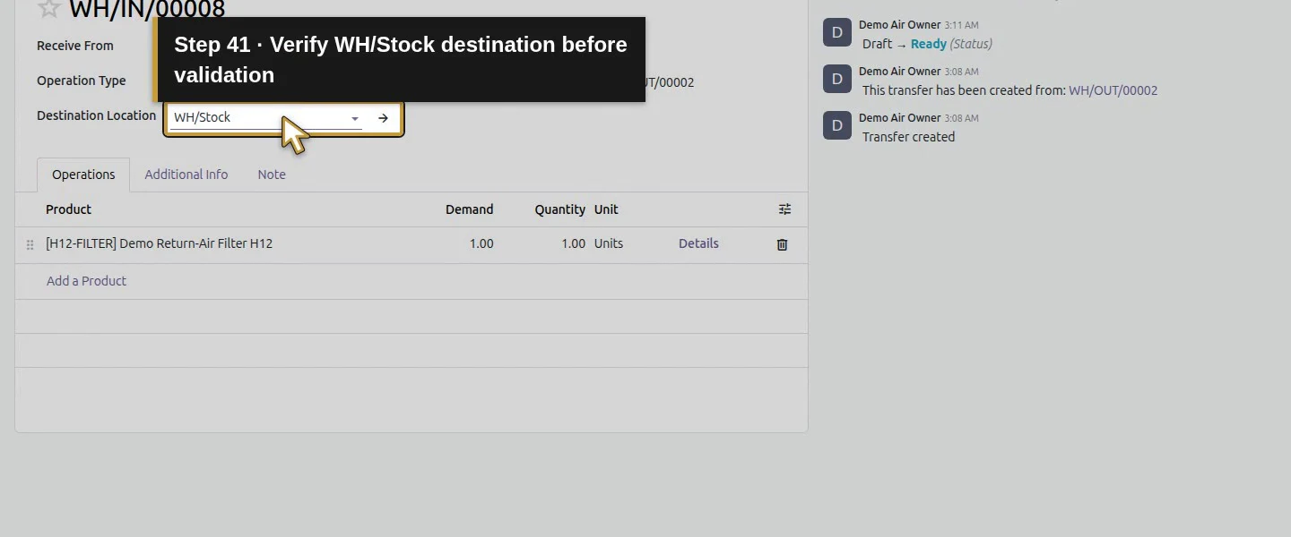 Action 41: Verify WH/Stock destination before validation. The actual target is highlighted in gold.
