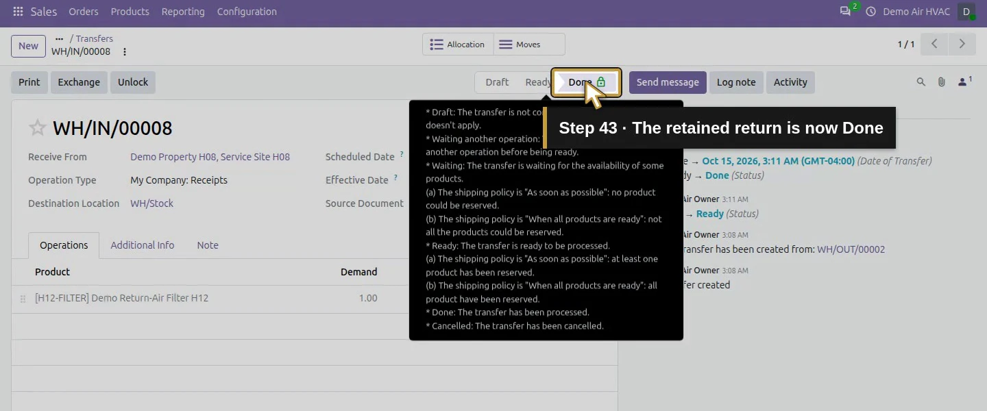 Action 43: The retained return is now Done. The actual target is highlighted in gold.