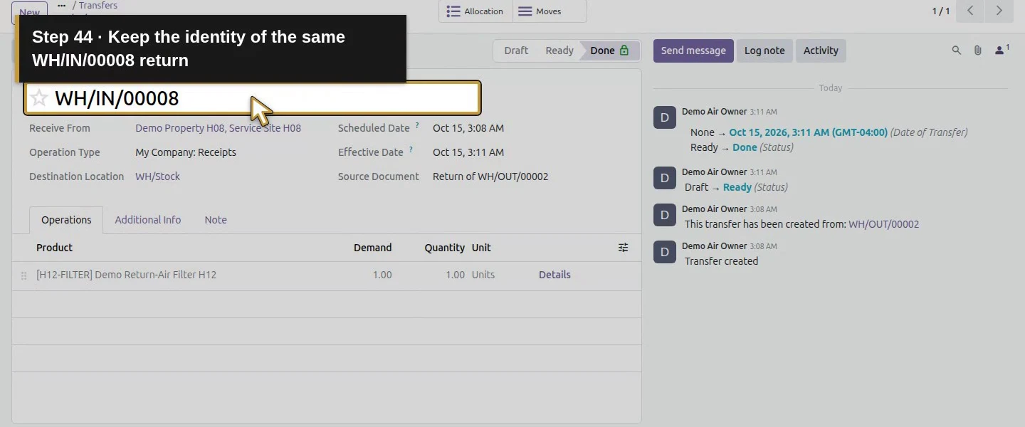 Action 44: Keep the identity of the same WH/IN/00008 return. The actual target is highlighted in gold.