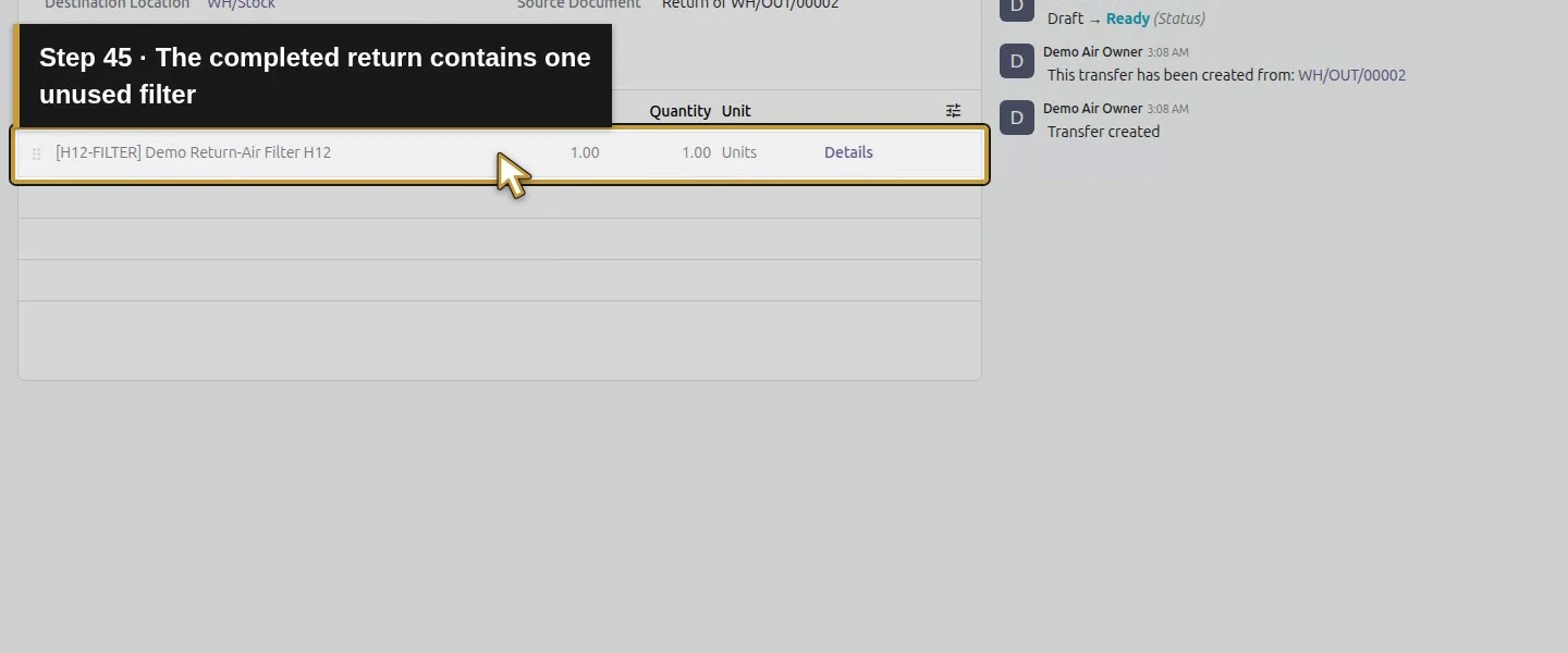 Action 45: The completed return contains one unused filter. The actual target is highlighted in gold.
