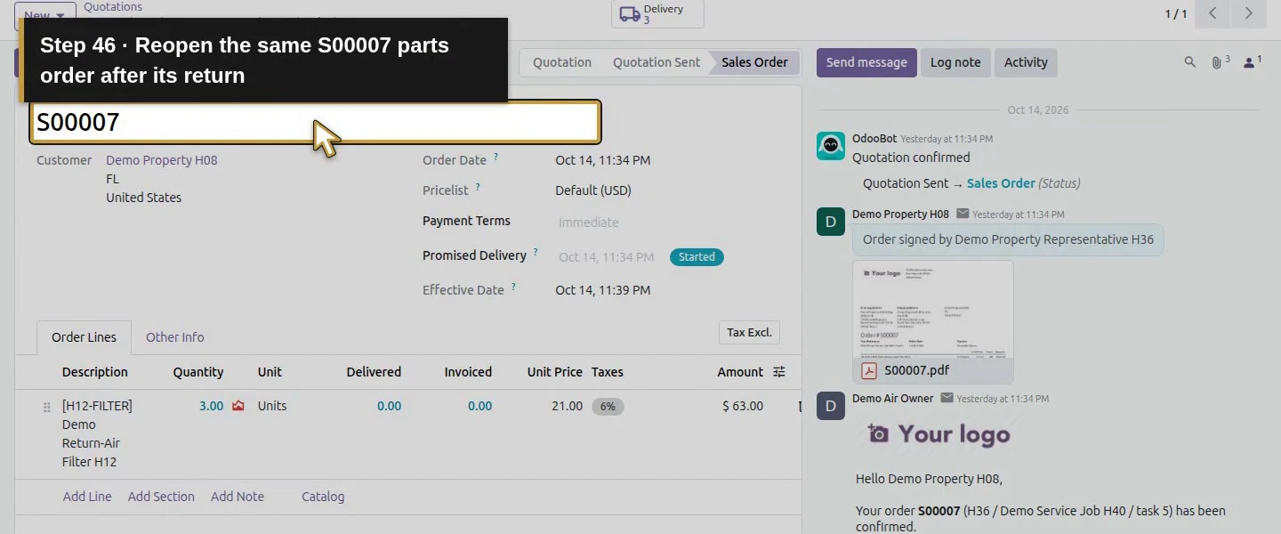 Action 46: Reopen the same S00007 parts order after its return. The actual target is highlighted in gold.