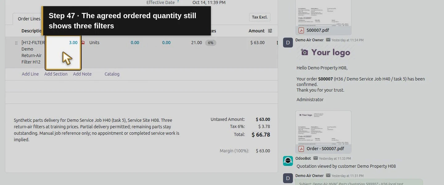 Action 47: The agreed ordered quantity still shows three filters. The actual target is highlighted in gold.