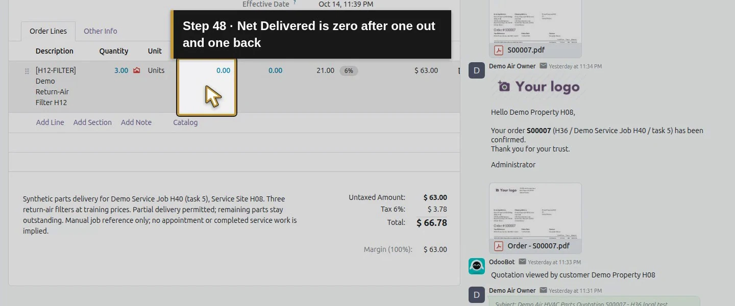 Action 48: Net Delivered is zero after one out and one back. The actual target is highlighted in gold.
