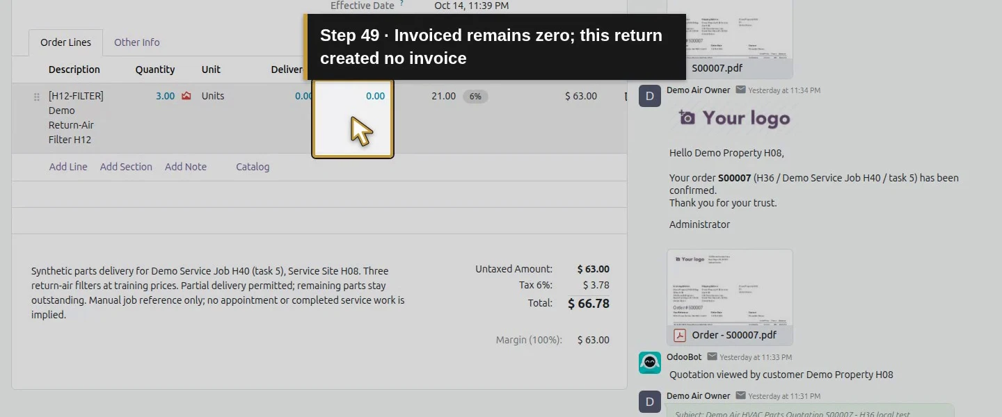 Action 49: Invoiced remains zero; this return created no invoice. The actual target is highlighted in gold.