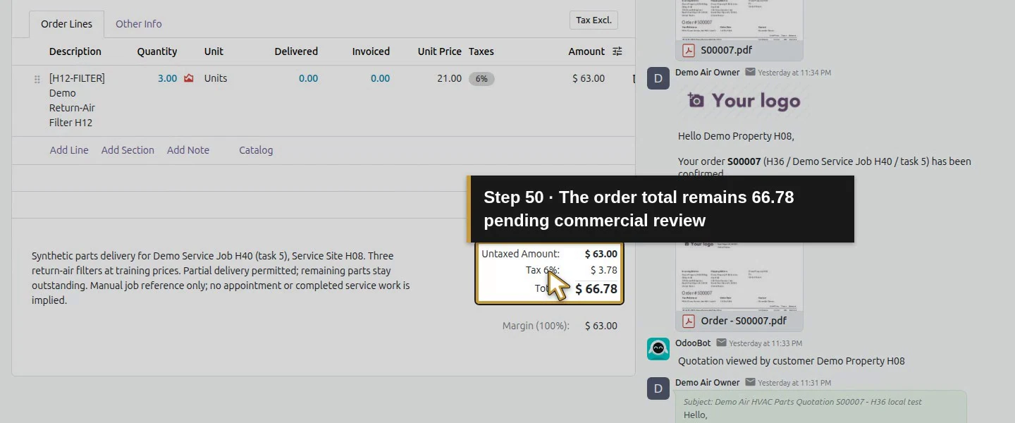 Action 50: The order total remains 66.78 pending commercial review. The actual target is highlighted in gold.