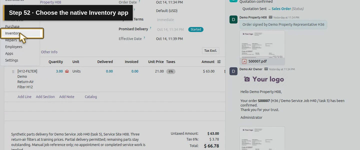 Action 52: Choose the native Inventory app. The actual target is highlighted in gold.
