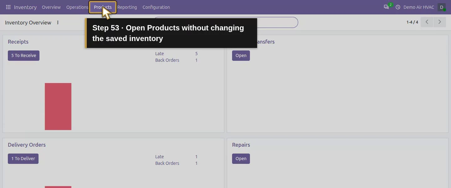 Action 53: Open Products without changing the saved inventory. The actual target is highlighted in gold.