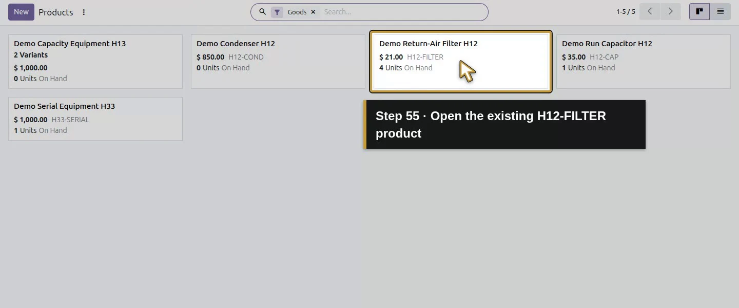 Action 55: Open the existing H12-FILTER product. The actual target is highlighted in gold.
