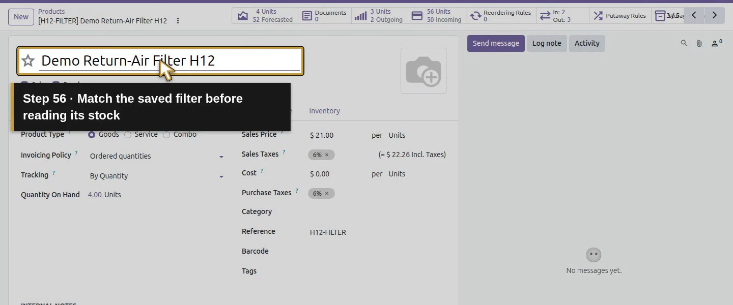Action 56: Match the saved filter before reading its stock. The actual target is highlighted in gold.