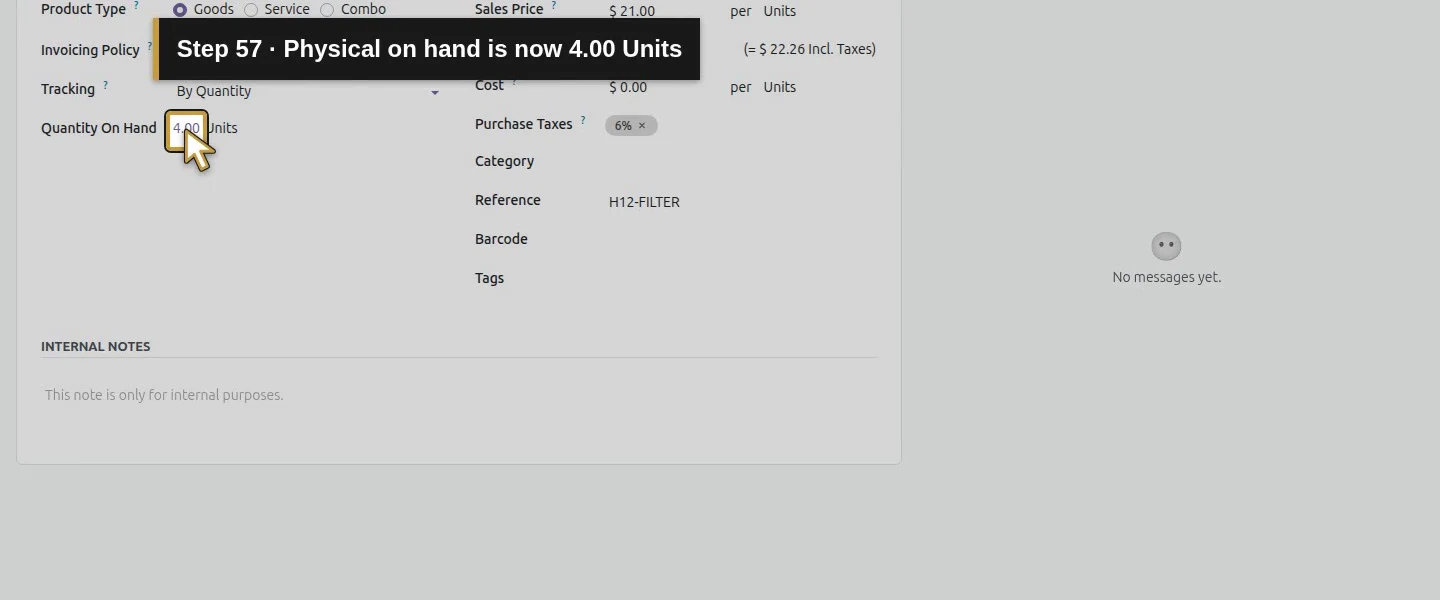 Action 57: Physical on hand is now 4.00 Units. The actual target is highlighted in gold.
