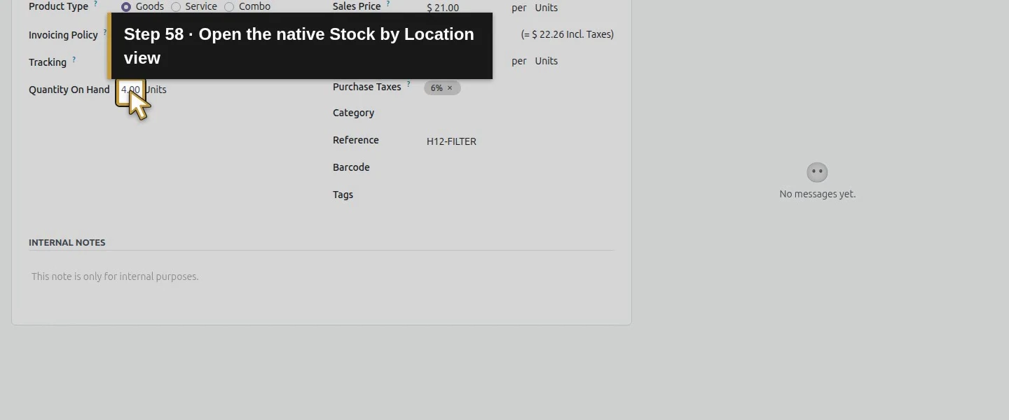 Action 58: Open the native Stock by Location view. The actual target is highlighted in gold.