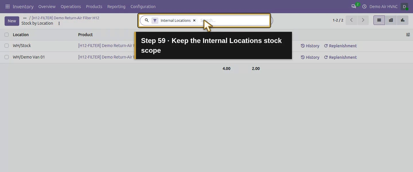 Action 59: Keep the Internal Locations stock scope. The actual target is highlighted in gold.