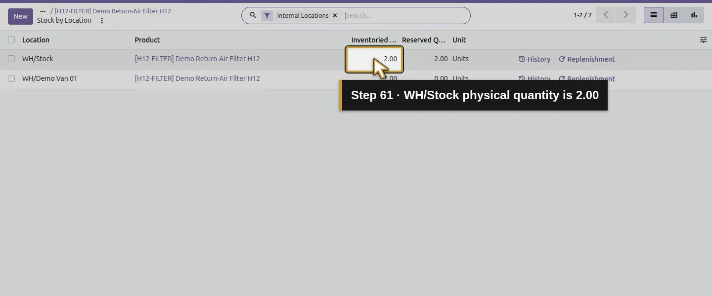 Action 61: WH/Stock physical quantity is 2.00. The actual target is highlighted in gold.