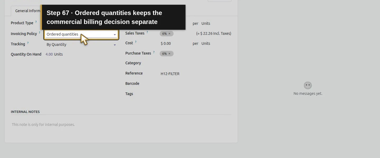 Action 67: Ordered quantities keeps the commercial billing decision separate. The actual target is highlighted in gold.
