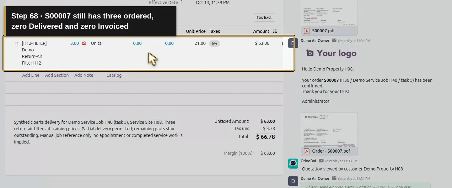 Action 68: S00007 still has three ordered, zero Delivered and zero Invoiced. The actual target is highlighted in gold.