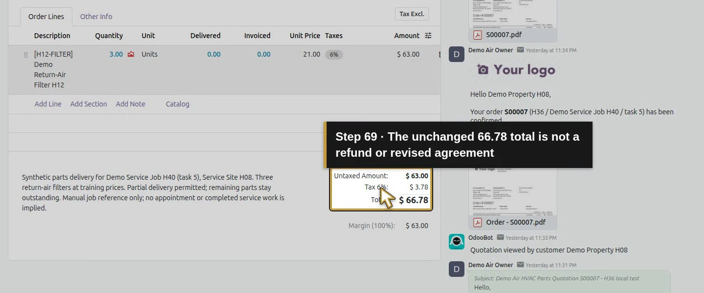 Action 69: The unchanged 66.78 total is not a refund or revised agreement. The actual target is highlighted in gold.