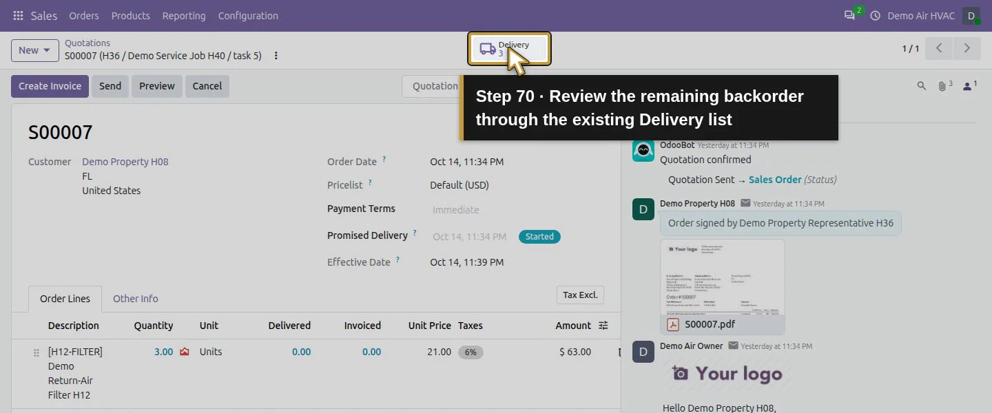Action 70: Review the remaining backorder through the existing Delivery list. The actual target is highlighted in gold.