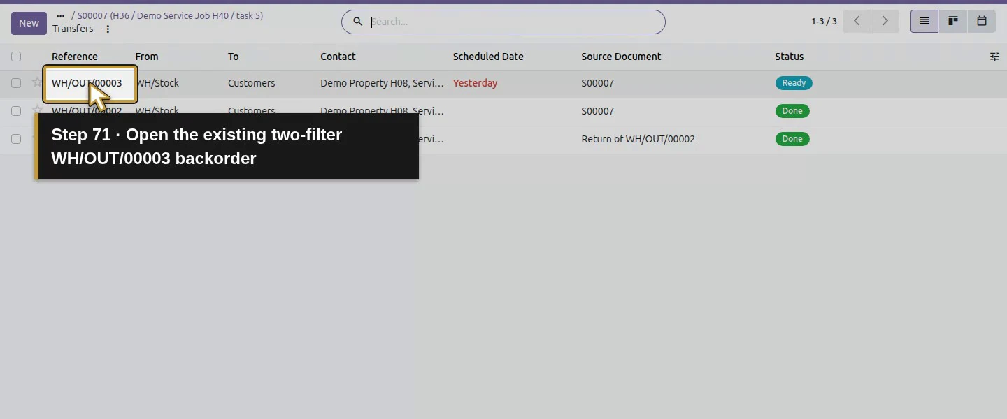 Action 71: Open the existing two-filter WH/OUT/00003 backorder. The actual target is highlighted in gold.