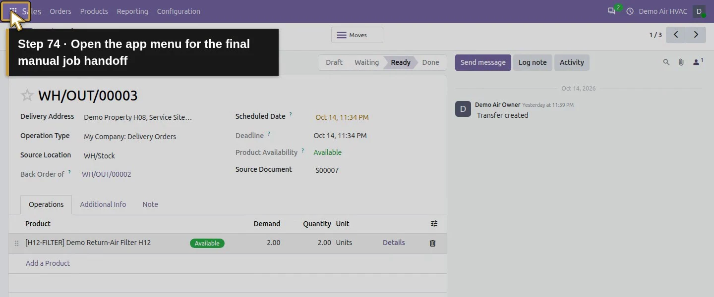 Action 74: Open the app menu for the final manual job handoff. The actual target is highlighted in gold.