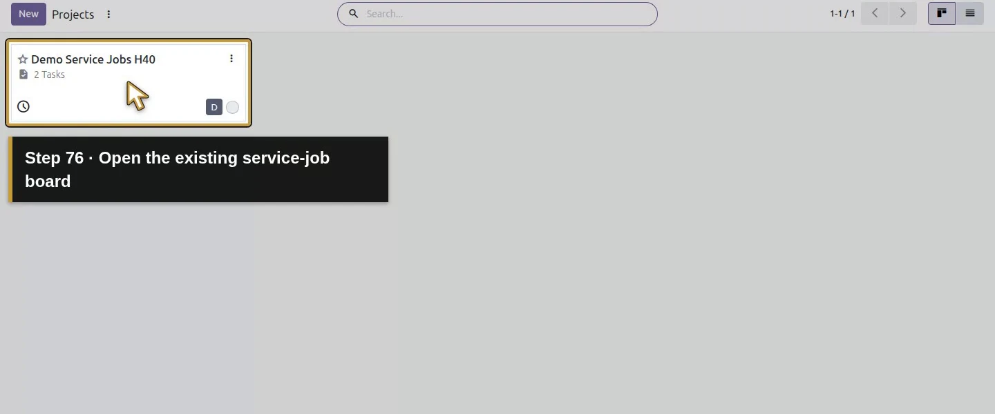 Action 76: Open the existing service-job board. The actual target is highlighted in gold.
