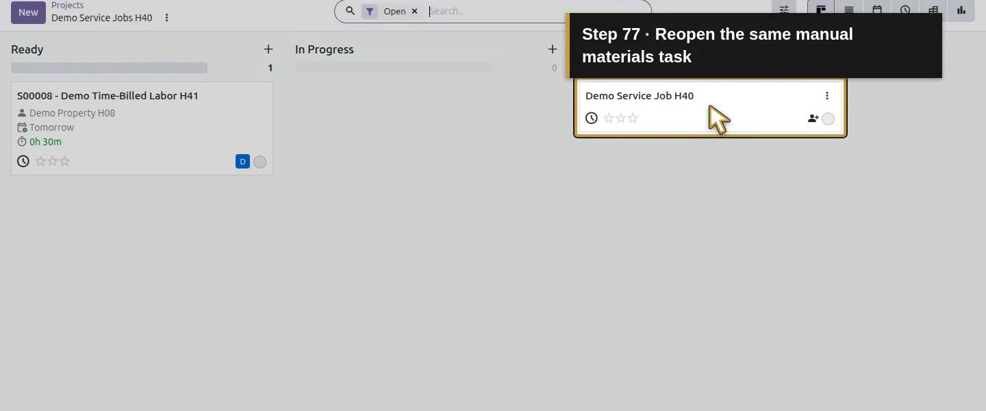 Action 77: Reopen the same manual materials task. The actual target is highlighted in gold.