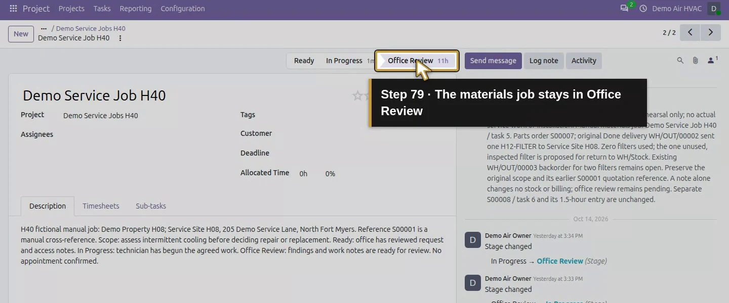 Action 79: The materials job stays in Office Review. The actual target is highlighted in gold.