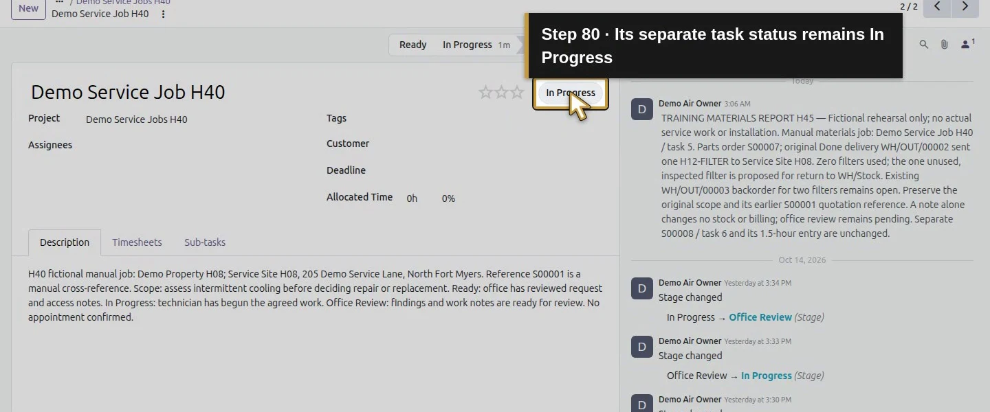 Action 80: Its separate task status remains In Progress. The actual target is highlighted in gold.