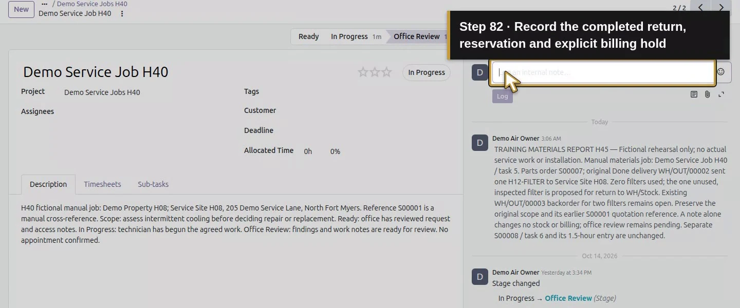 Action 82: Record the completed return, reservation and explicit billing hold. The actual target is highlighted in gold.