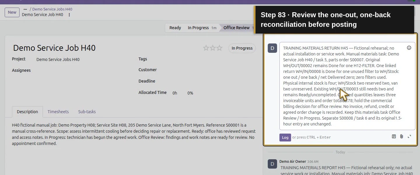 Action 83: Review the one-out, one-back reconciliation before posting. The actual target is highlighted in gold.