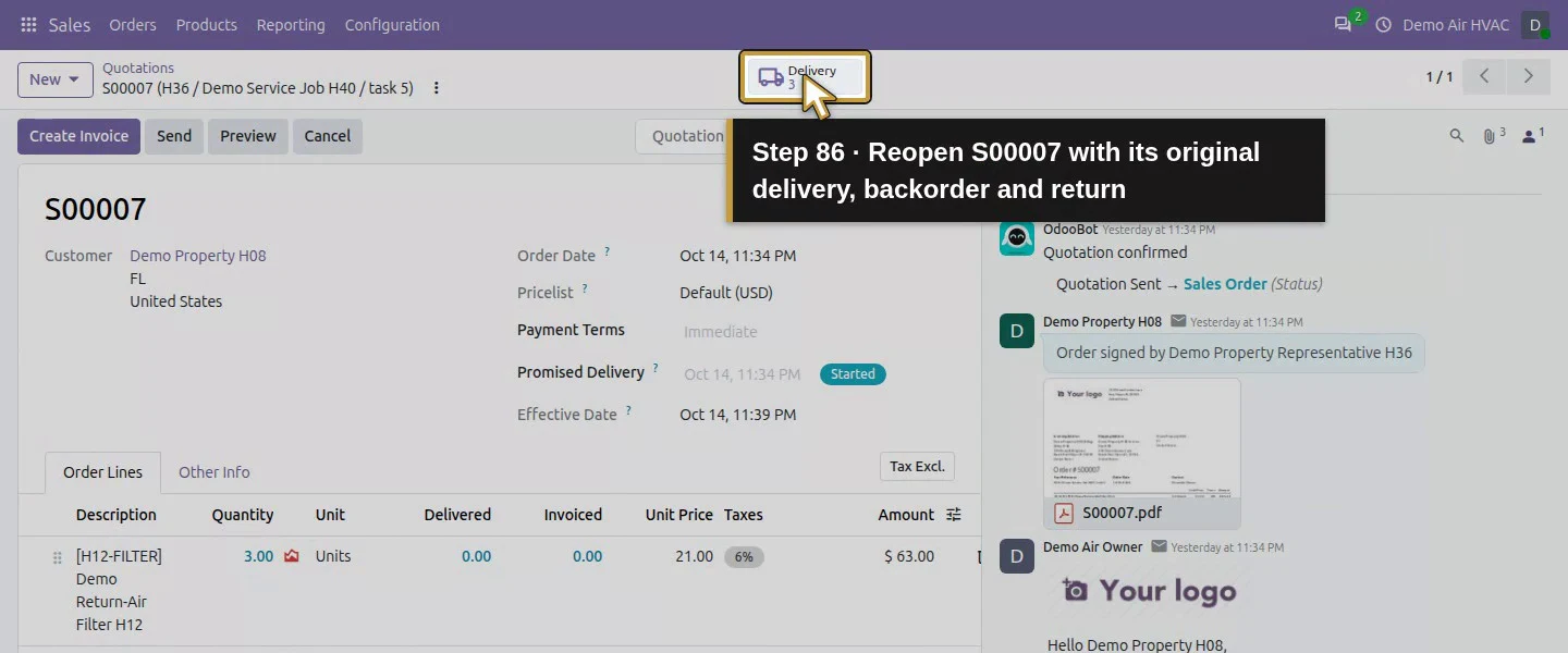 Action 86: Reopen S00007 with its original delivery, backorder and return. The actual target is highlighted in gold.