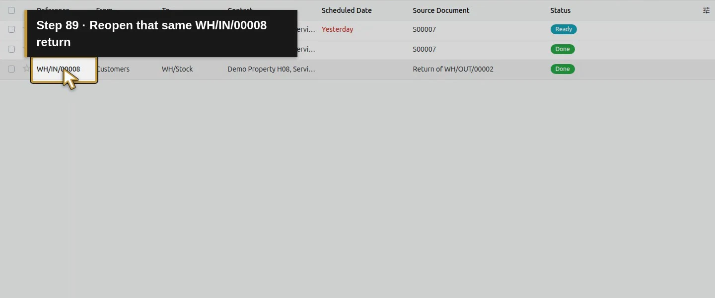 Action 89: Reopen that same WH/IN/00008 return. The actual target is highlighted in gold.