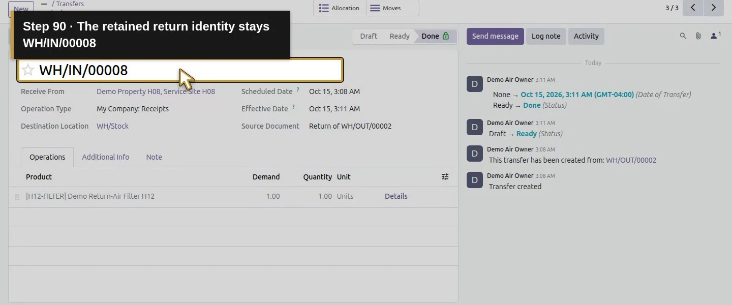 Action 90: The retained return identity stays WH/IN/00008. The actual target is highlighted in gold.