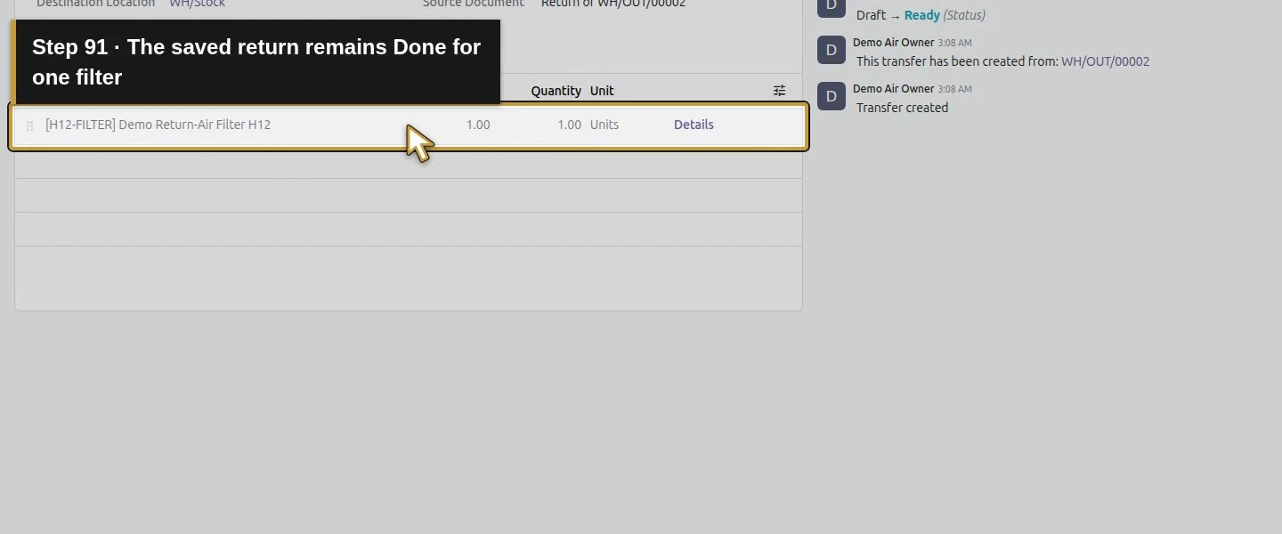 Action 91: The saved return remains Done for one filter. The actual target is highlighted in gold.