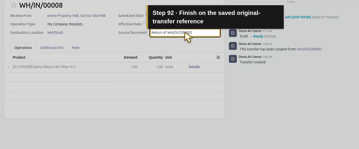 Action 92: Finish on the saved original-transfer reference. The actual target is highlighted in gold.