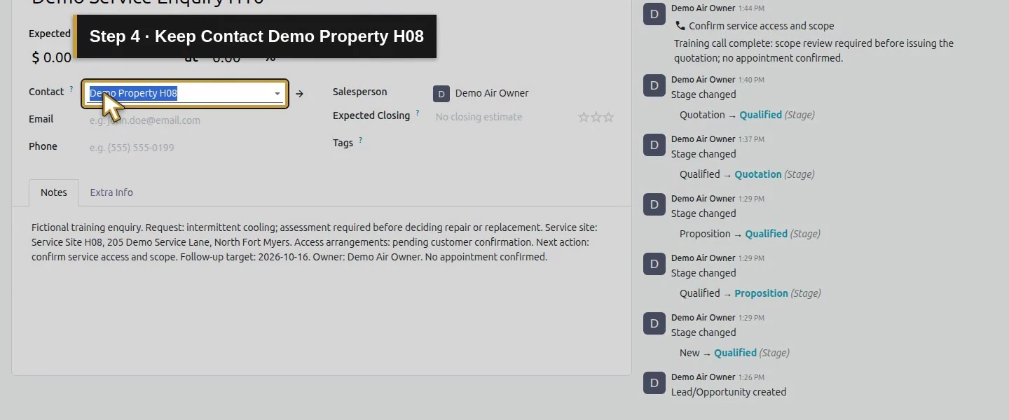 Action 4: Keep Contact Demo Property H08. The actual target is highlighted in gold.