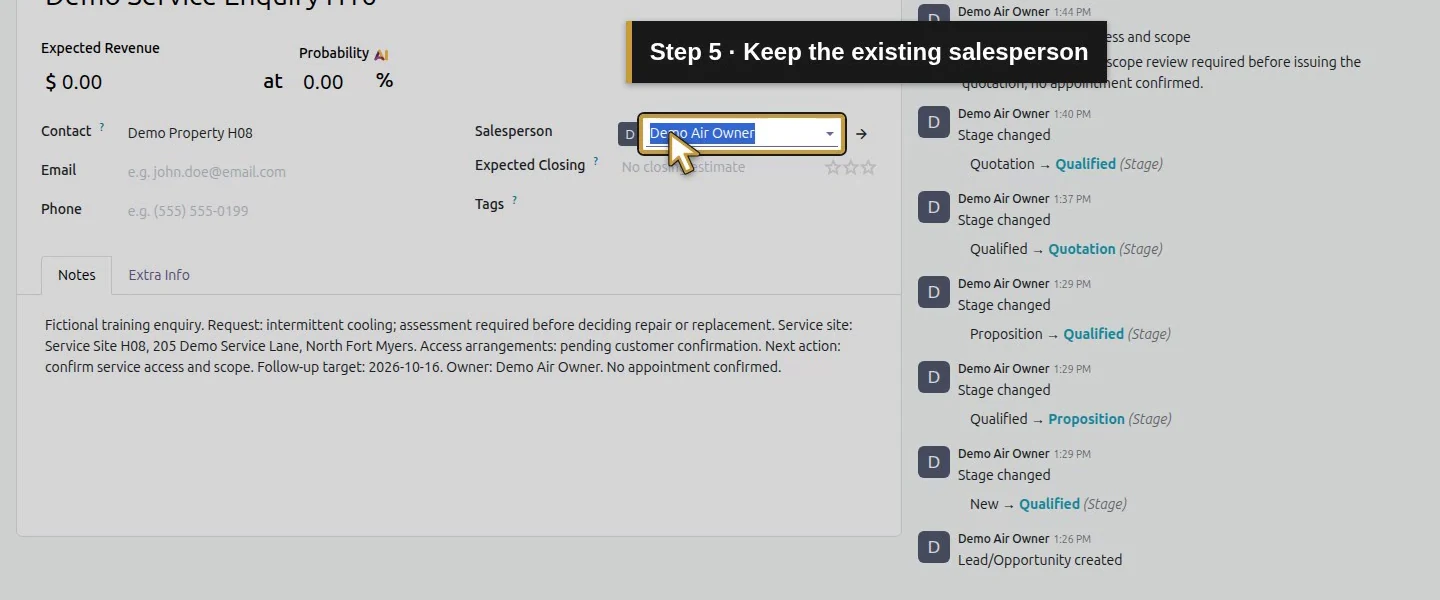 Action 5: Keep the existing salesperson. The actual target is highlighted in gold.