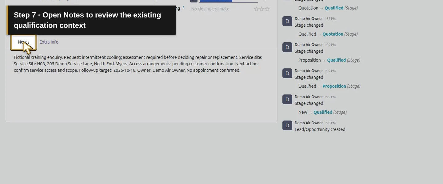 Action 7: Open Notes to review the existing qualification context. The actual target is highlighted in gold.