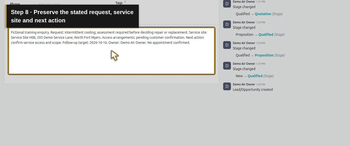 Action 8: Preserve the stated request, service site and next action. The actual target is highlighted in gold.