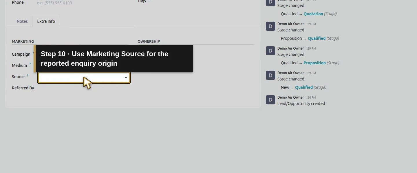 Action 10: Use Marketing Source for the reported enquiry origin. The actual target is highlighted in gold.