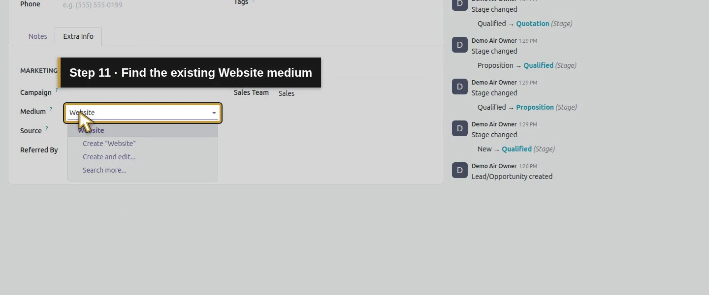Action 11: Find the existing Website medium. The actual target is highlighted in gold.
