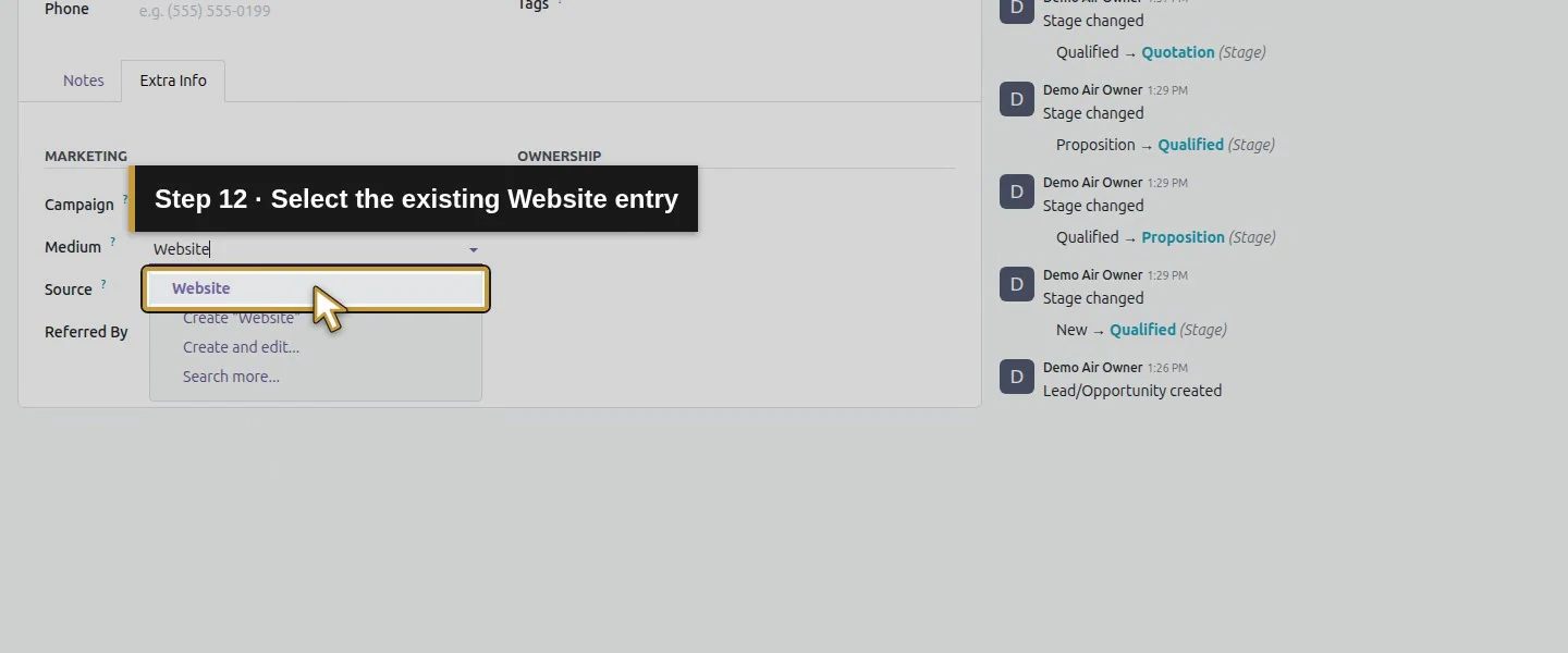 Action 12: Select the existing Website entry. The actual target is highlighted in gold.