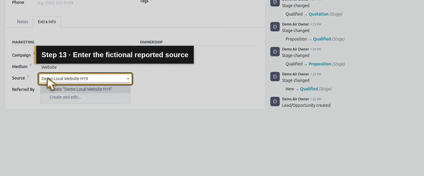 Action 13: Enter the fictional reported source. The actual target is highlighted in gold.